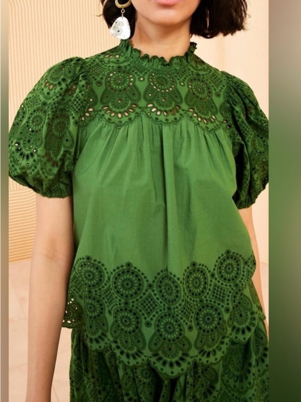 Ulla Johnson Mischa Green Top 00 Eyelet Puff Sleeve Cottage Quiet Luxury Fall